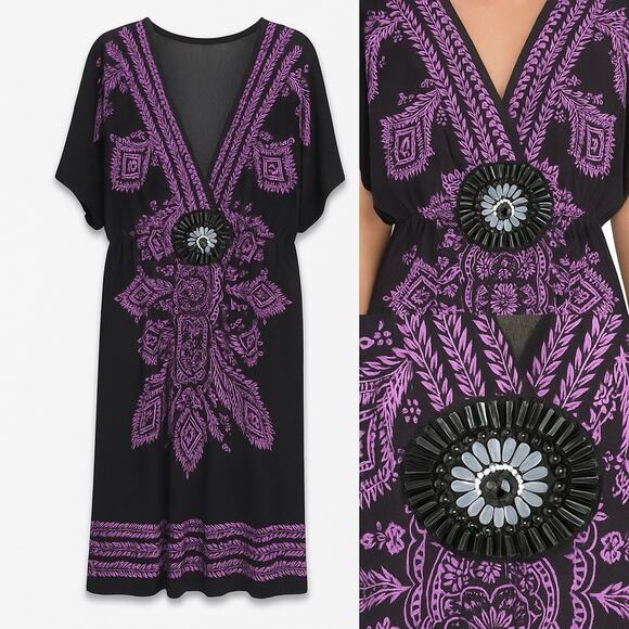 Calessa Women’s Medium Dress Black Purple Boho Medallion Beaded V-Neck Boho - Picture 1 of 8